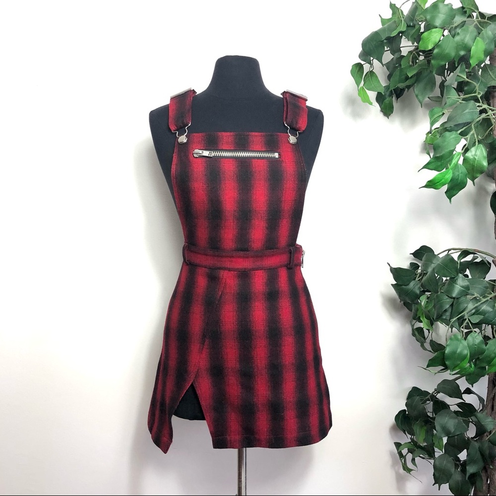 UNIF Red Black Plaid Overall Wool Asymmetrical Dress - Size Medium